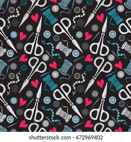 Arts and crafts sewing hand drawn supplies, tools colored seamless pattern