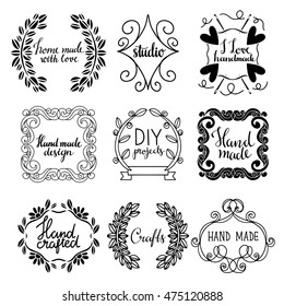 Arts and crafts, sewing hand drawn frames, design elements, icons, logos, badges set isolated on white background, handwritten font