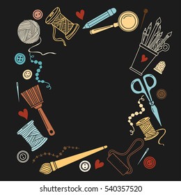 Arts and crafts sewing hand drawn supplies, tools, design elements, icons set isolated on black background