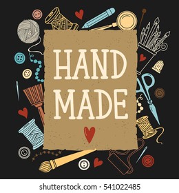 Arts and crafts sewing hand drawn supplies, tools, design elements, icons set isolated on black background