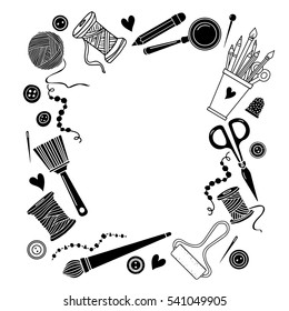 Arts and crafts sewing hand drawn supplies, tools, design elements, icons set isolated on white background