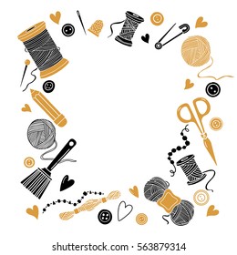 Arts and crafts sewing hand drawn supplies, tools, design elements, icons set, frame isolated on white background