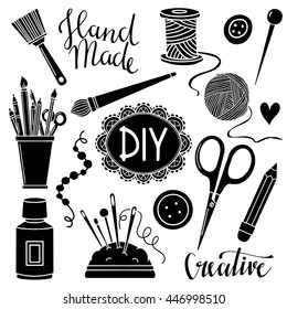 Arts and crafts sewing, painting hand drawn supplies, tools, design elements, icons, logo set isolated on white background