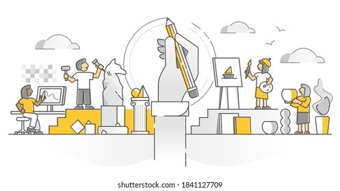 Arts as creative expression in sculpture painting monocolor outline concept. Artist performance process visualization with sketch drawing and decorative visual culture artwork vector illustration.