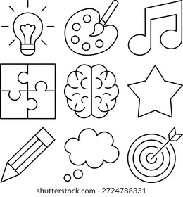 Iconos de líneas de arte y creatividad con música y pintura.