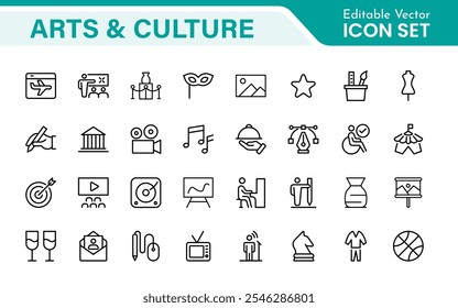 Conjunto de iconos de arte y cultura. Iconos de alta calidad para museos, música, danza, teatro, festivales, expresión artística, tradiciones, historia, artesanías y actividades creativas