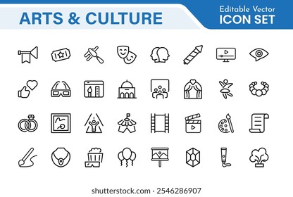 Conjunto de iconos de arte y cultura. Iconos de alta calidad para museos, música, danza, teatro, festivales, expresión artística, tradiciones, historia, artesanías y actividades creativas