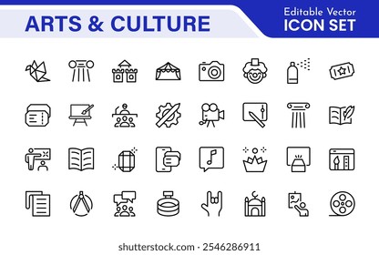 Conjunto de iconos de arte y cultura. Iconos de alta calidad para museos, música, danza, teatro, festivales, expresión artística, tradiciones, historia, artesanías y actividades creativas