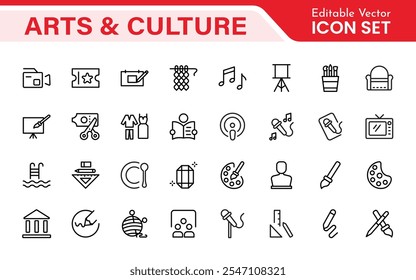 Conjunto de iconos de arte y cultura. Iconos de alta calidad para museos, música, danza, teatro, festivales, expresión artística, tradiciones, historia, artesanías y actividades creativas