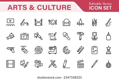 Conjunto de iconos de arte y cultura. Iconos de alta calidad para museos, música, danza, teatro, festivales, expresión artística, tradiciones, historia, artesanías y actividades creativas