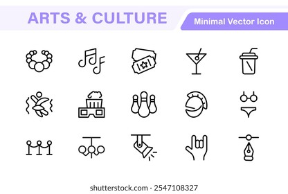 Conjunto de iconos de arte y cultura. Iconos de alta calidad para museos, música, danza, teatro, festivales, expresión artística, tradiciones, historia, artesanías y actividades creativas