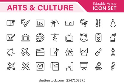 Conjunto de iconos de arte y cultura. Iconos de alta calidad para museos, música, danza, teatro, festivales, expresión artística, tradiciones, historia, artesanías y actividades creativas