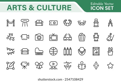 Conjunto de iconos de arte y cultura. Iconos de alta calidad para museos, música, danza, teatro, festivales, expresión artística, tradiciones, historia, artesanías y actividades creativas