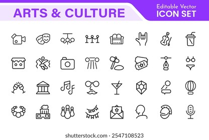 Arts and Culture Icon Set. High-quality icons for Museums, Music, Dance, Theater, Festivals, artistic Expression, Traditions, History, Crafts, and Creative Activities