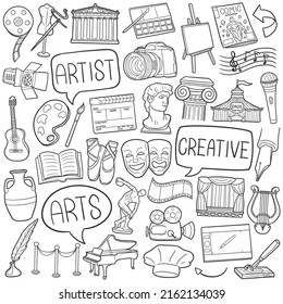 Arts Doodle Icons. Hand Made Line Art. Artist Clipart Logotype Symbol Design.