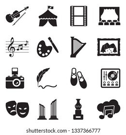 Arts And Entertainment Icons. Black Flat Design. Vector Illustration.