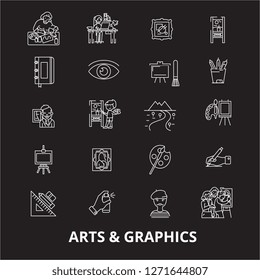 Arts graphics editable line icons vector set on black background. Arts graphics white outline illustrations, signs, symbols
