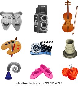 Arts icon collection, with theater masks, theater, concert, violin, paintbrush, palette, movie icon, pottery, writer, dancing shoes, knitting wool and needles. Vector illustration cartoon. 