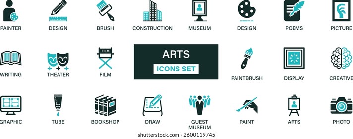 Arts icon set collection. Painter, design, brush, construction, museum, poems, picture, writing, film, paintbrush, creative, tube and best solid icon set.