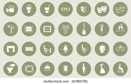 Arts icon. Theater, museums, galleries, opera, cinema, concerts, circus icon set.