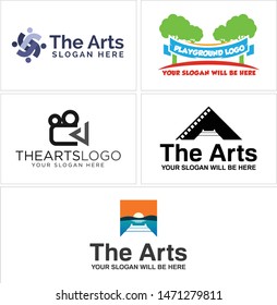 The arts logo design with bridge filmstrip and video camera green tree illustration vector suitable for entertainment children media digital playground beach