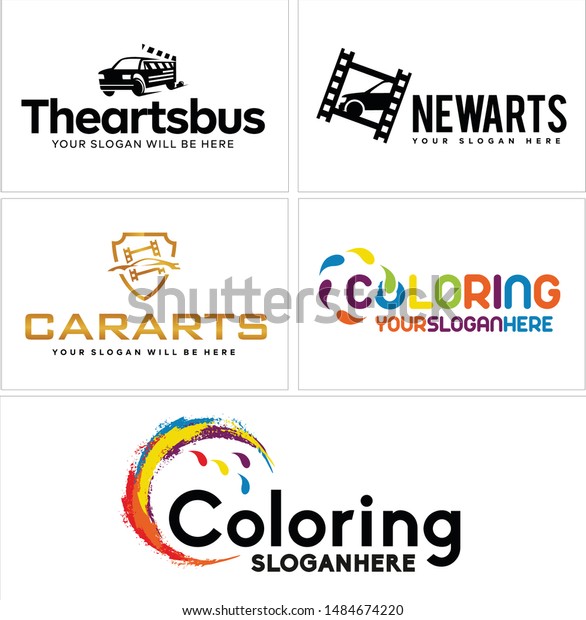 The arts logo design car film strip black gold\
and droplet colorful illustration vector suitable for entertainment\
painting coloring business