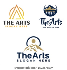The arts logo with triangle mountain, tree sun circle.  Line art vector suitable for entertainment mountain outdoor