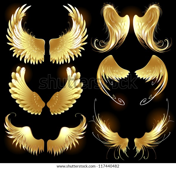 Arts\
painted, gold angel wings on a black\
background.