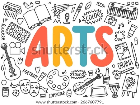 Arts. School educational subjects. Hand drawn doodle and lettering.