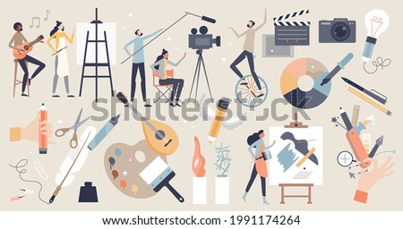 Arts set as professional creative entertainment theme items tiny person concept. Isolated elements with painting, cinematography, photography, music and literature fields symbols vector illustration.