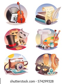 Arts set of round compositions with music and dancing literature theatre painting and photography isolated vector illustration