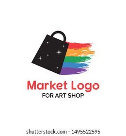 Arts shop logo design with sky full of stars shopping bag illustration with rainbow paint brush