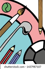 Arts and sports elements set. Cartoon style vector illustration. Includes a football, soccer ballon, pencil, pen, pencil, tennis ball  and a golf club.