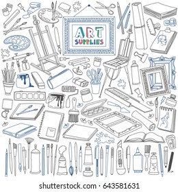 Arts supplies doodle set. Drawing, painting, and design equipment, materials and tools.
