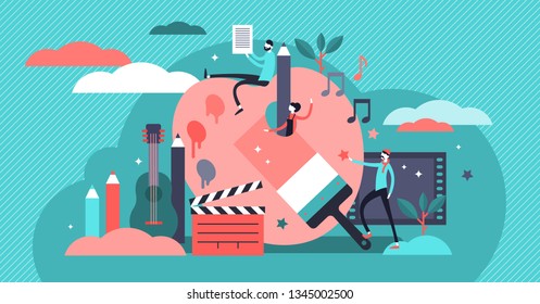 Arts vector illustration. Flat tiny music, literature and painting persons concept. Creative artist process collection set. Creator of visual culture, interactive media and sound representation skill.
