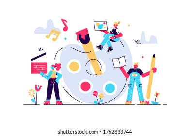 Arts vector illustration. Flat tiny music, literature and painting persons concept. Creative artist process collection set. Creator of visual culture, interactive media and sound representation skill.