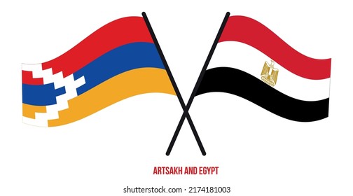Banderas de Artsakh y Egipto cruzadas y ondeando estilo plano. Proporción oficial. Colores correctos.