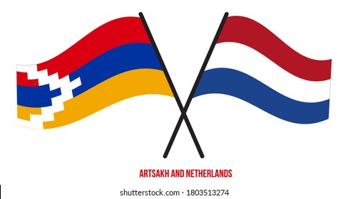 Artsakh and Netherlands Flags Crossed And Waving Flat Style. Official Proportion. Correct Colors.