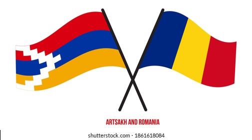 Artsakh and Romania Flags Crossed And Waving Flat Style. Official Proportion. Correct Colors.