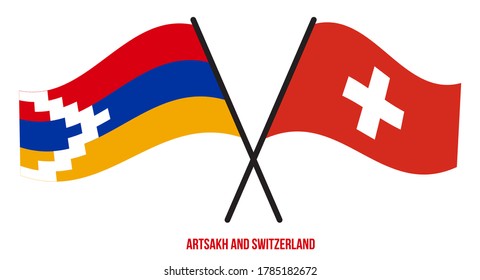 Artsakh and Switzerland Flags Crossed And Waving Flat Style. Official Proportion. Correct Colors.
