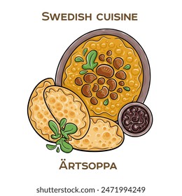 Artsoppa is a hearty yellow pea soup, traditionally served with thin, savory pancakes as a comforting and satisfying meal. Hand-drawn vector illustration