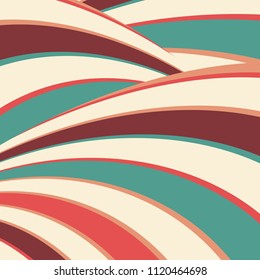 artsy groovy vector background with curving stripes in fun abstract design in blue green red orange peach beige white and burgundy brown colors