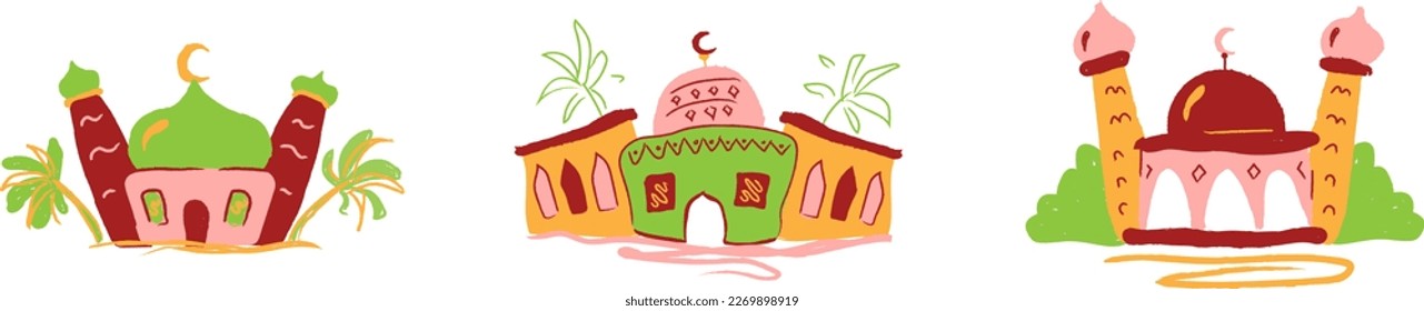 Artsy Hand Drawn Mosque Vector Illustration Set