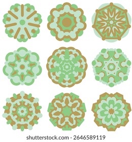 Artsy Mandala stickers and icons for arts and crafts projects. Nature friendly symbols using calming color scheme of green and brownish gold. Tree and flower inspiration. Vector illustration, EPS 10.