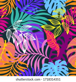 Artsy tropical leaves. Seamless pattern with floral elements. Aloha textile collection. Template for textile design, cards, covers.