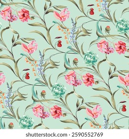 art,textile design,flower leaf stems, pattern allover repeats ,pastel colors, botanical fabric ,wallpaper print digital,summer