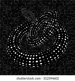 artwork with abstract vector objects made of white dots on black surface and dotted background, optical art
