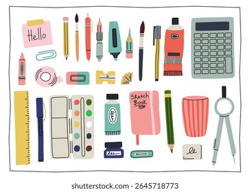 Artwork accessories. Drawing instruments, artist implements. Notebook, paint palette, scissors and pencil. Stationery objects. Vector creativity design elements, cartoon flat isolated illustration