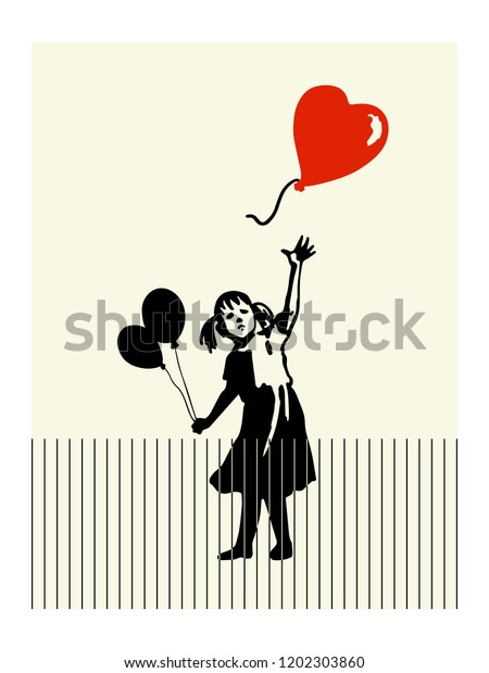 シュレッダー後のアートワーク 少女のシルエットと飛ぶ心風船 フリーストリートアートのコンセプト スプレーのステンシルイラスト のベクター画像素材 ロイヤリティフリー