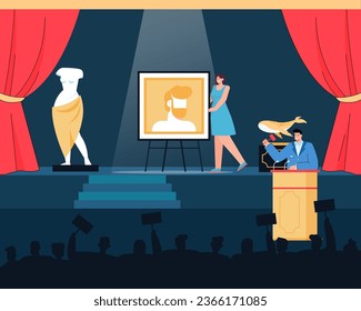 Artwork in auction display on stage vector illustration. Assistant presenting paintings and sculptures, man with gavel announcing price and bidding cards for audience. Auction scene, art concept